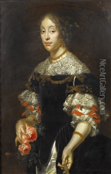 Portrait Of A Lady, In A Black Embroidered Dress And A White Lace Collar, Holding Roses Oil Painting - Justus van (Verus ab) Egmont