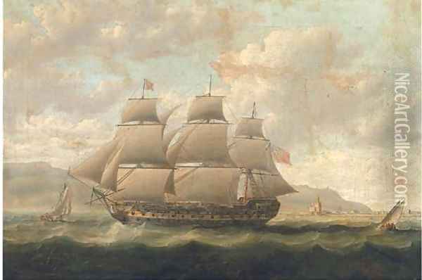 A Royal Naval three-decker running past a Spanish fortress during the Napoleonic blockade Oil Painting - Thomas Buttersworth