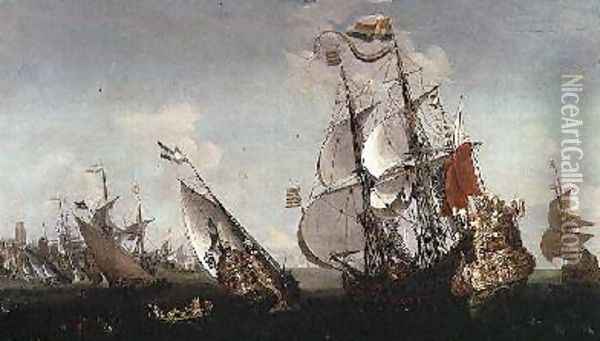 The Eendracht and other shipping off a Dutch port Oil Painting - Hendrik van Minderhout