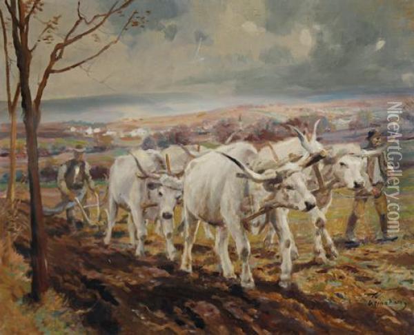 Oxen Ploughing Oil Painting - Karoly Cserna