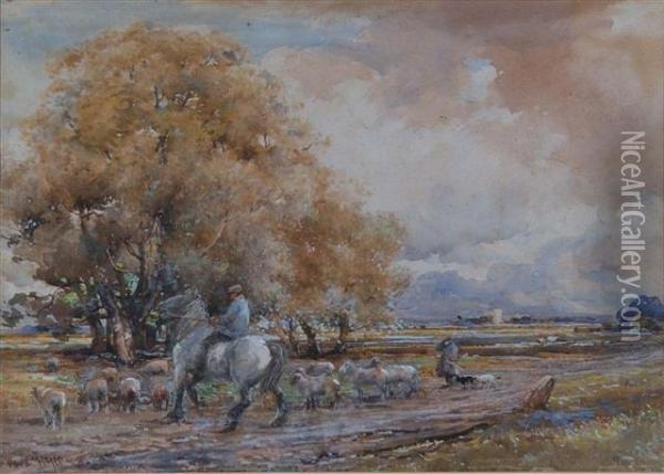 Shepherds Driving Their Flock In An Extensive Landscape With Church In The Distance Oil Painting - Claude Hayes
