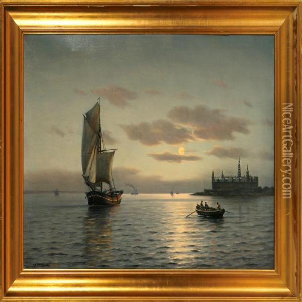 Marine With Sailing Ships Off The Coast Of Elsinore Castle Oil Painting - Carl Johan Neumann
