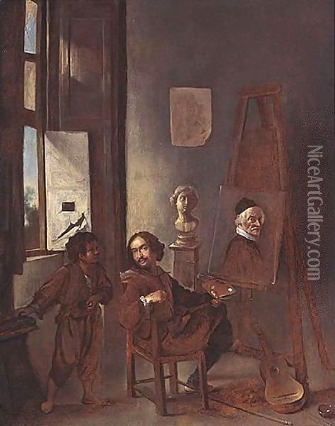 Portrait Of The Artist, In His Studio, Seated At An Easel Oil Painting - Johannes Lingelbach