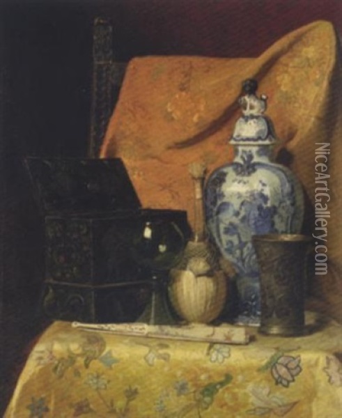 Still Life With Fan And Oriental Vase Oil Painting - Axel Hendrik Hulle