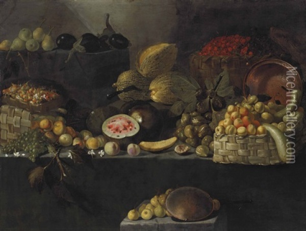 A Basket Of Apples, Calabashes, An Upturned Copper Vessel, Figs, Melons, And Other Fruit On Rocky Ledges Oil Painting - Luca Forte