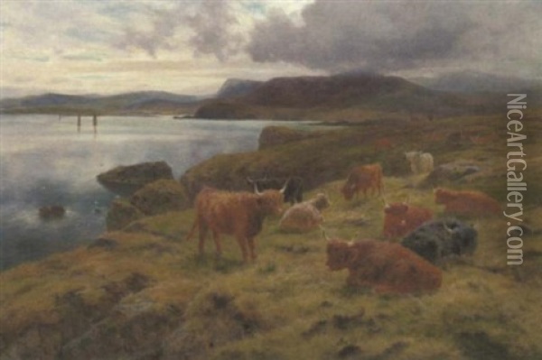 Highland Cattle In A Coastal Landscape Oil Painting - Louis Bosworth Hurt