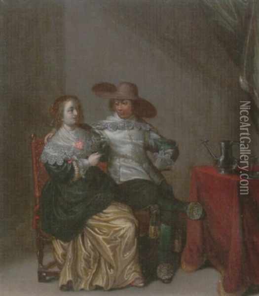 An Interior With A Soldier Making Advances To A Lady, Beside A Draped Table With A Pewter Jug Oil Painting - Laurentius de Neter