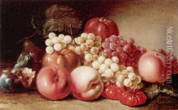 Still Life Of Peaches, Grapes, Figs, Tomatoes, And An Apple Oil Painting - Franz Stoeber