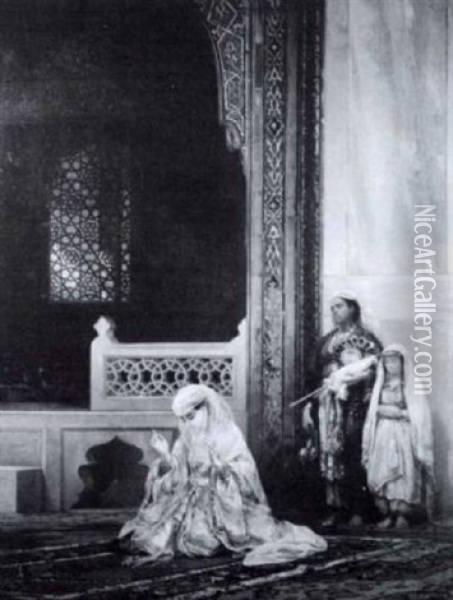 Lady With Her Attendants Praying In A Mosque Oil Painting - Stanislaus von Chlebowski
