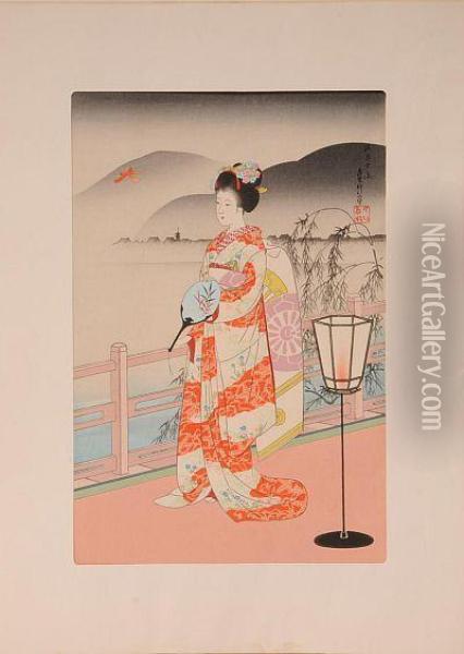 Geisha Girl In Summer Oil Painting - Hasegawa Sadanobu