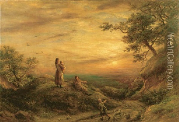 Children Admiring A Sunset Oil Painting - James Thomas Linnell