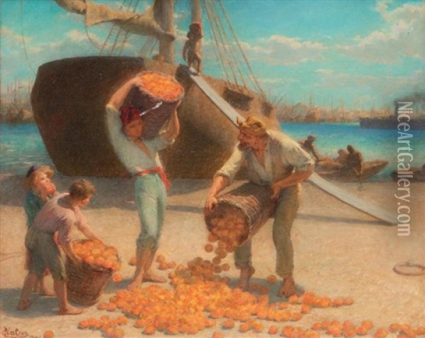 Le Dechargement Des Oranges A Marseille Oil Painting - Edmond Eugene Valton