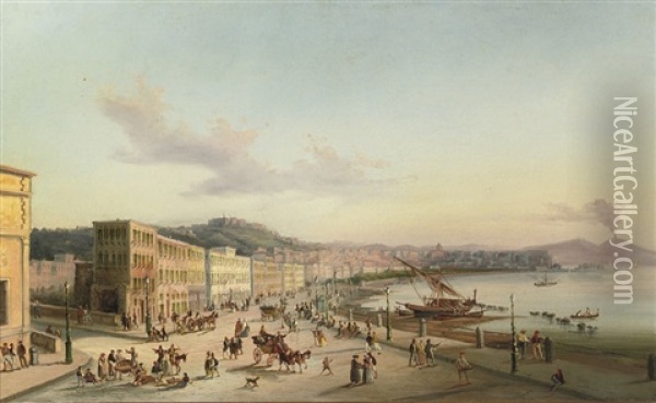 The Bay Of Naples With The Vesuvius Beyond Oil Painting - Giovanni Grubas