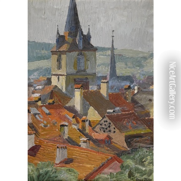 Blick Uber Die Dacher Und Die Stadtkirche Von Biel Oil Painting - Edouard Mueller