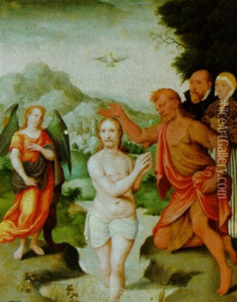 Die Taufe Christi Durch Johannes Mit Engel Und Stifterpaar Oil Painting - Hermann Tom Ring