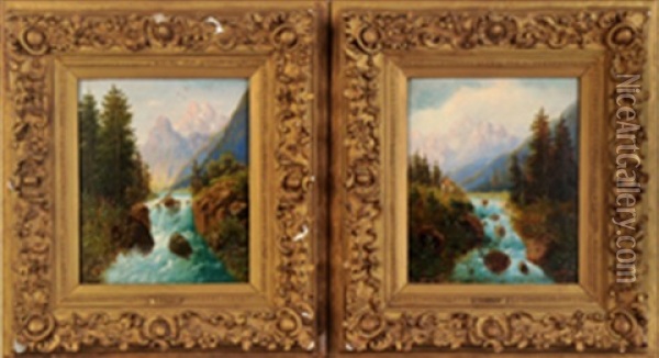 Bergfluss Mit Alpinem Hintergrund, Nadelwald Und Personenstaffage (+ Another, 2 Works) Oil Painting - Ludwig Fuerst