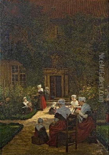 Stickende Frauen In Einem Garten Oil Painting - Walther Firle