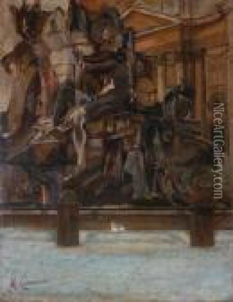 La Fontana Dei Fiumi A Piazza Navona Oil Painting - Michele Cammarano
