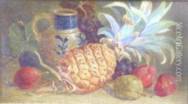 Still Life With Pineapple And Plums Oil Painting - William Hughes