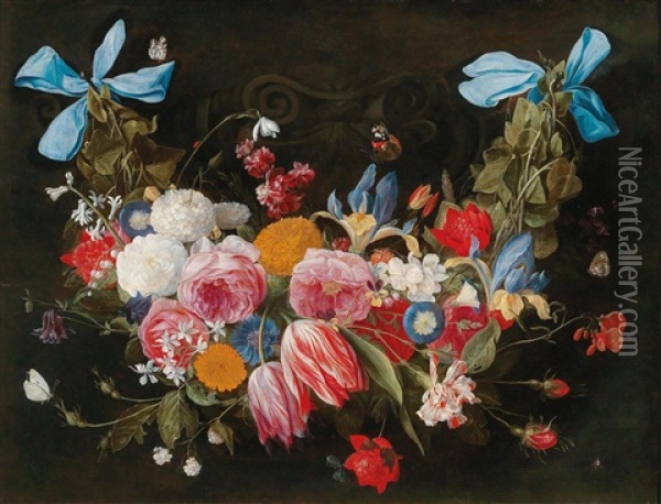 A Floral Garland Held By Blue Bows Oil Painting - Jan van Kessel the Elder