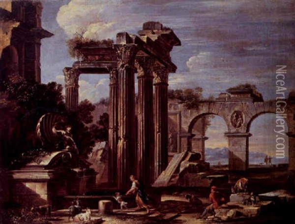 A Landscape With Classical Figures Near A Fountain Amid Roman Ruins Oil Painting - Giovanni Ghisolfi