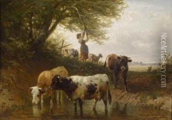 Cowscrossing A Ford Oil Painting - Friedrich Johann Voltz