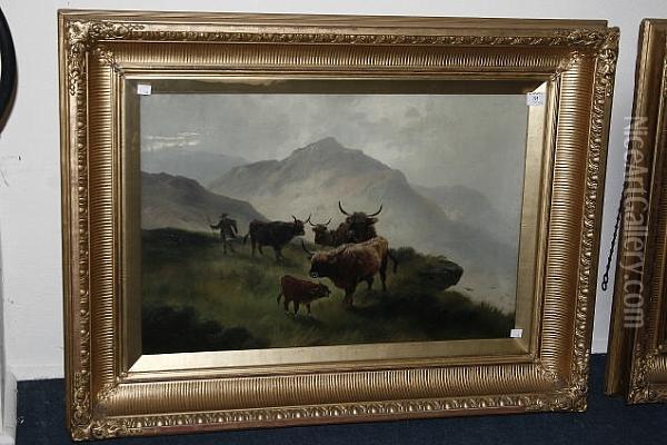 Highland Cattle Watering In A Misty Landscape Oil Painting - Harald R. Hall