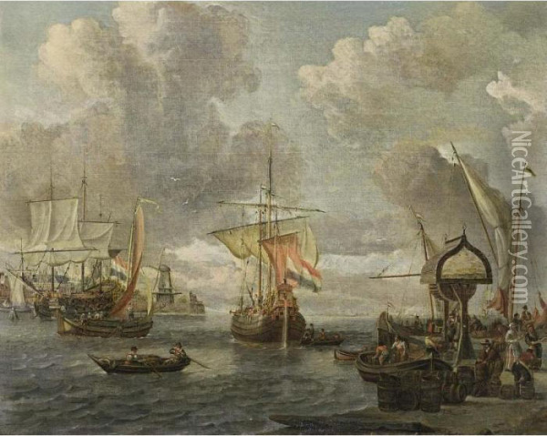 A View Of A Dutch Harbour On The
 Zuiderzee With A Buis, A Merchantman And Other Boats, Together With 
Merchants Unloading Their Goods Oil Painting - Abraham Storck