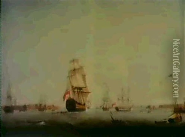 A British Man Of War And Other Shipping In Portsmouth       Harbour Oil Painting - Thomas (Captain) Elliott