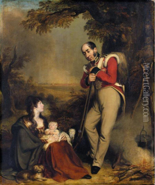 A Soldier With His Wife And Child; Portraits Oil Painting - Robert Trewick Bone
