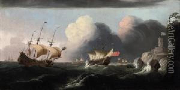 A Squadron Of The Red In Heavy Seas Off A Fortified Headland Oil Painting - Robert Woodcock