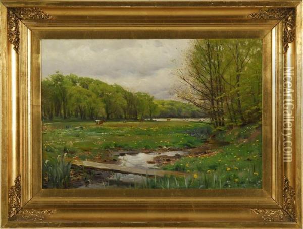 A Winding Stream In A Flowering Meadow Oil Painting - Peder Mork Monsted