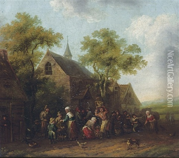 A Village Landscape With Peasants At A Market (+ Peasants At A Pig Market; Pair) Oil Painting - Barend Gael