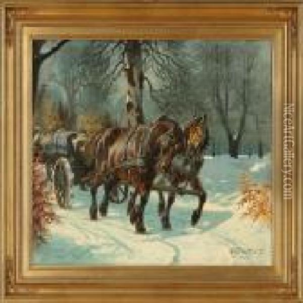 Winter Forestwith Horses And Carriage Oil Painting - Karl Frederik Hansen-Reistrup
