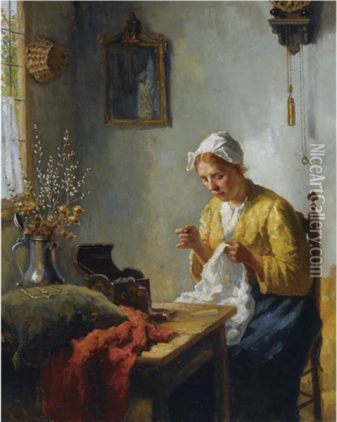 Doing Needlework By The Window Oil Painting - Bernard Johann De Hoog