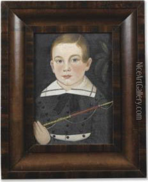 Portrait Of A Young Boy In Gray Costume With Black Buttons Holding A Whip; Leaf At Right Oil Painting - William Matthew Prior