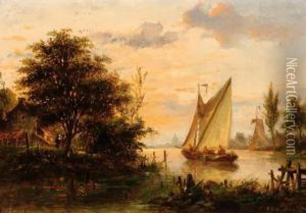 A Sailing Ship On The Water At Sunset Oil Painting - Nicolaas Martinus Wijdoogen