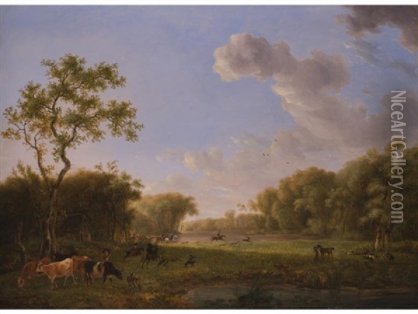 Landschaft Mit Jagdreitern Und Einem Jungen Kuhhirten Oil Painting - Johannes (Jan) Tavenraat