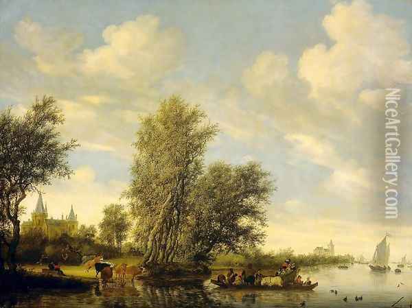 River Scene with Ferry Oil Painting - Salomon van Ruysdael