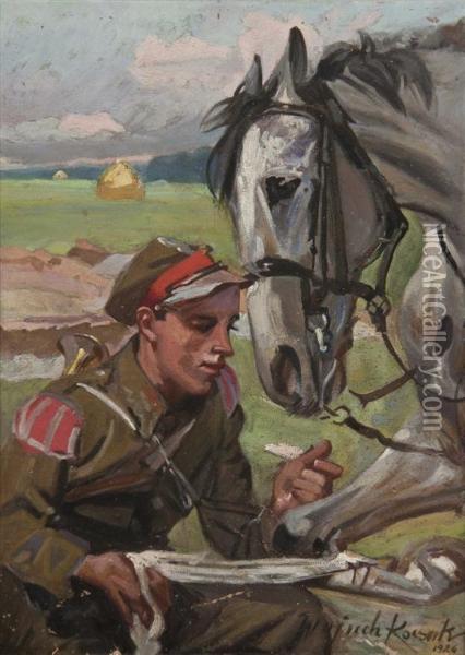 Wrapping His Horse Oil Painting - Wojciech Adalbert Kossak