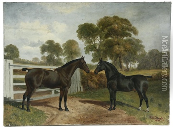 Two Thoroughbreds At Gate Oil Painting - Frederick Albert Clark