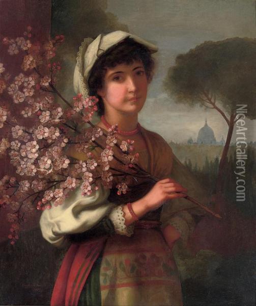 An Italian Girl With Cherry Blossom Oil Painting - George Henry Hall