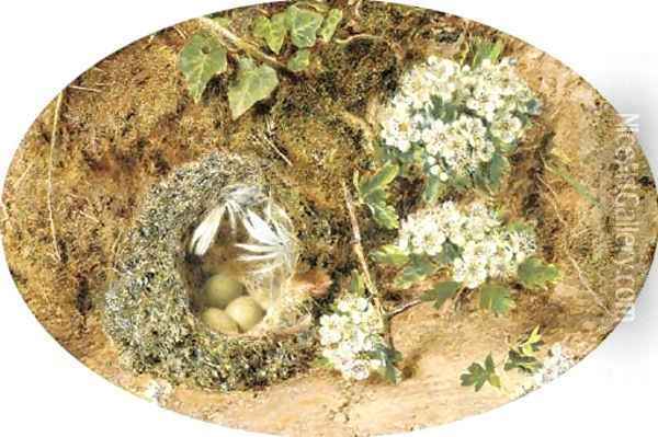Still-life with birds nest and hawthorne on a mossy bank Oil Painting - William Henry Hunt