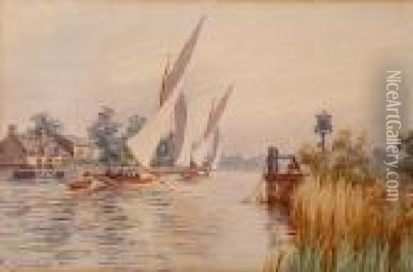 Yachts On The Broads, Reedham Ferry Oil Painting - Stephen John Batchelder