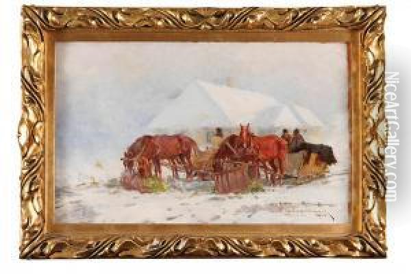 Konie Przy Saniach, 1924 R. Oil Painting - Leonard Winterowski