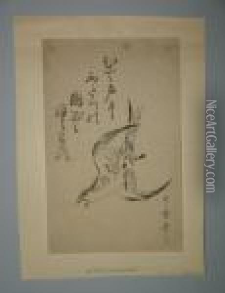 Un Coucou En Vol Et Un Poeme Au-dessus Oil Painting - Kitagawa Utamaro