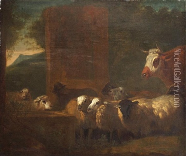 Un Troupeau De Moutons Et Une Vache Pres De L'abreuvoir Oil Painting - Jacob van der Does the Elder