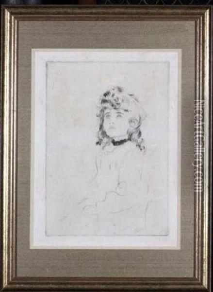 A Small Girl Wearing A Black Choker - Drypoint Oil Painting - Paul Cesar Helleu
