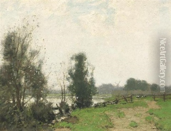 Sommerliche Weidenlandschaft Am Flus. Im Hintergrund Eine Windmuhle Oil Painting - Cornelis Kuypers
