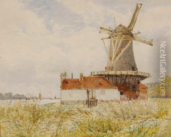 Study Of Ariverside Windmill Oil Painting - George Stanfield Walters